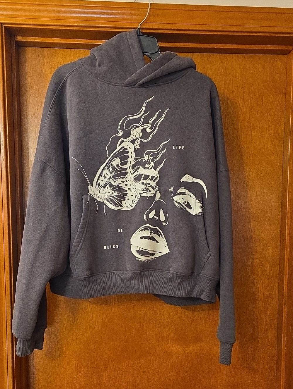 PacSun Charcoal Hoodie with Cream Butterfly Face Graphic
